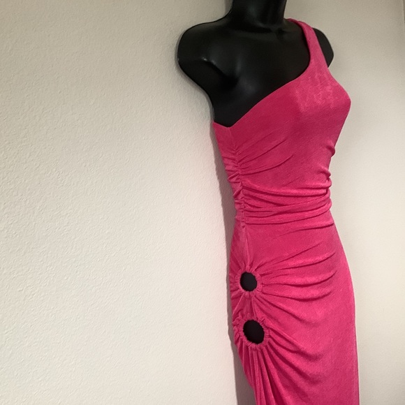 Princess Polly Aligned Pink One Shoulder Side Cutout Ruched Side Slit Maxi Dress - Picture 8 of 12